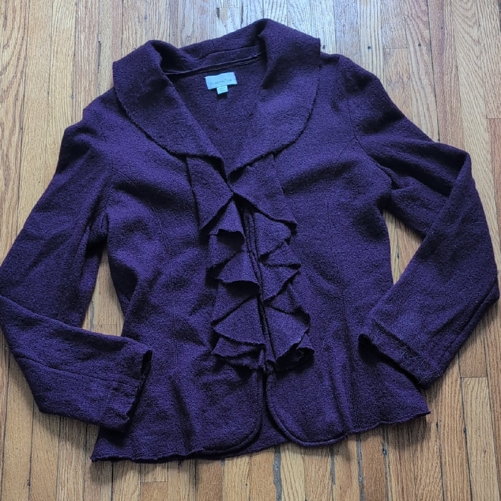 Charter Club Deep Purple Ruffle Boiled Wool Cardigan